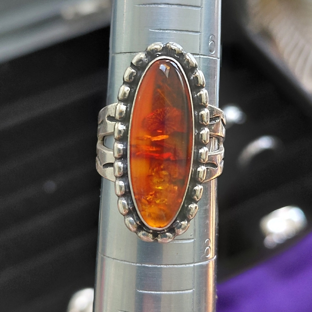 carolyn POLLACK Ring Stamped. Vtg. AMBER AND SILVER